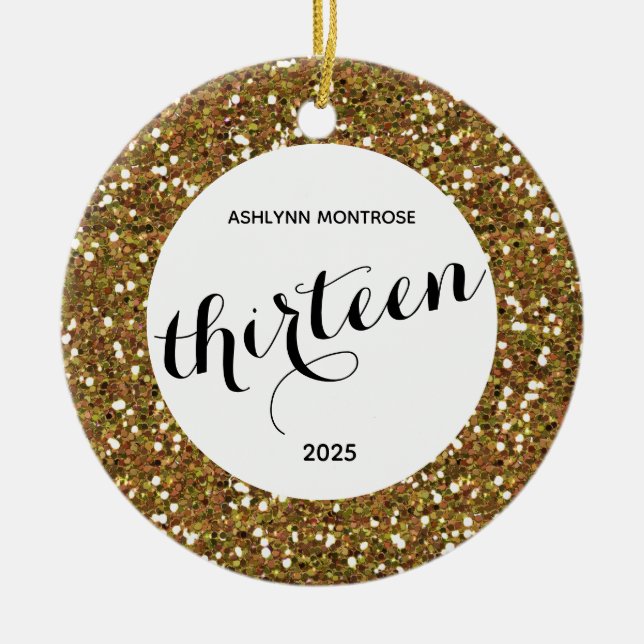 Adorno De Cerámica Purpurina de oro personalizado 13 cumpleaños (Frente)