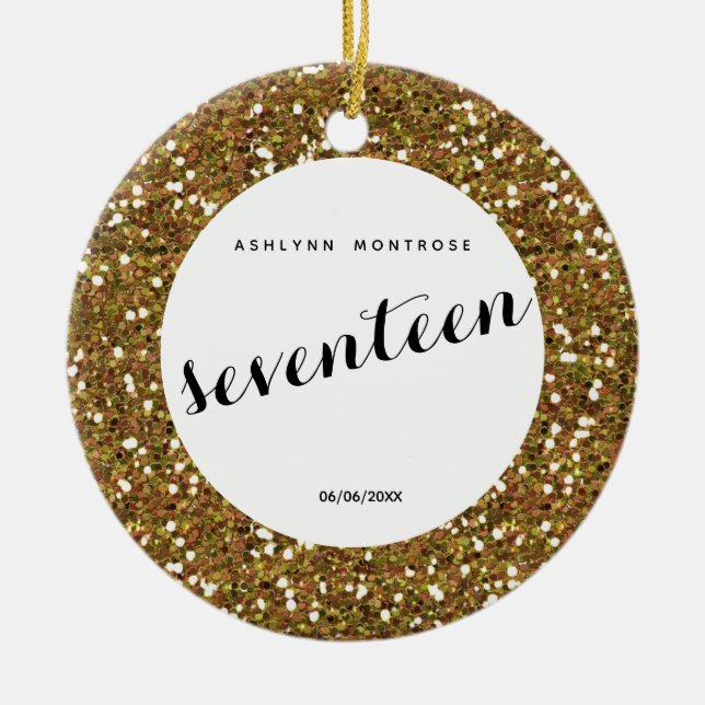 Adorno De Cerámica Purpurina de oro personalizado 17 cumpleaños (Frente)