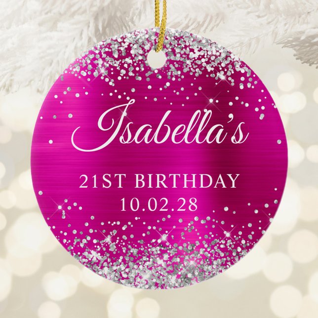 Adorno De Cerámica Purpurina de Plata Relieve metalizado rosado calie (Silver Glitter Hot Pink Foil 21st Birthday Photo Ceramic Ornament)