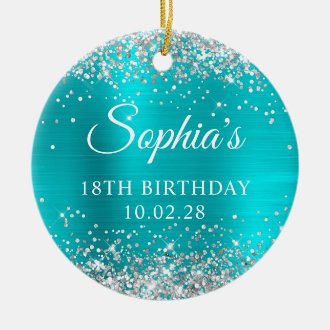 Adorno De Cerámica Purpurina plateado Turquoise Blue 18th Birthday Ph (Frente)