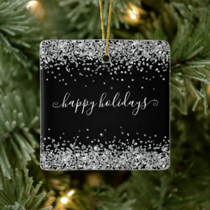 Adorno De Cerámica Purpurina Silver Felices Fiestas Esparkle brillo N