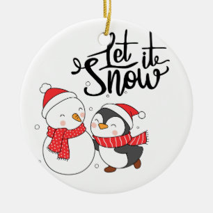 Adorno De Cerámica Que nieve con pingüino y muñeco de nieve