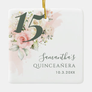 Adorno De Cerámica Quinceañera floral rosa cumpleaños 15 Botanical