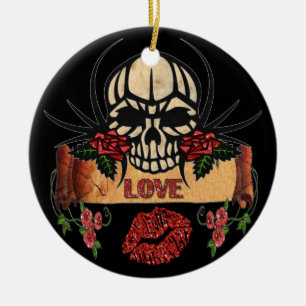 Adorno De Cerámica RAB Rockabilly Cráneo Rosas Amor Lápiz Labial