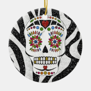 Adorno De Cerámica RAB Rockabilly Sugar Skull en Estampado de Cebra