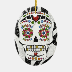 Adorno De Cerámica RAB Rockabilly Sugar Skull en Estampado de Cebra