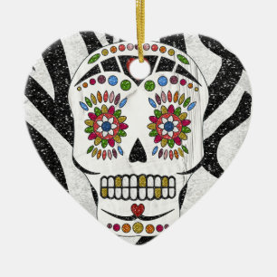 Adorno De Cerámica RAB Rockabilly Sugar Skull en Estampado de Cebra