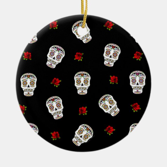 Adorno De Cerámica RAB Rockabilly Sugar Skulls Rosas en negro (Frente)