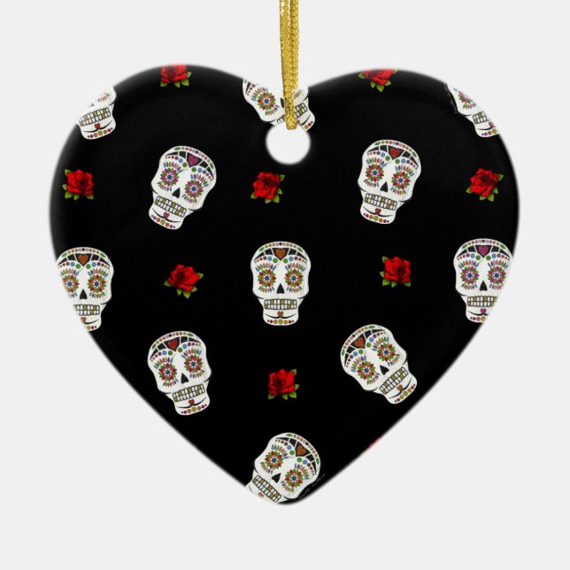Adorno De Cerámica RAB Rockabilly Sugar Skulls Rosas en negro (Frente)