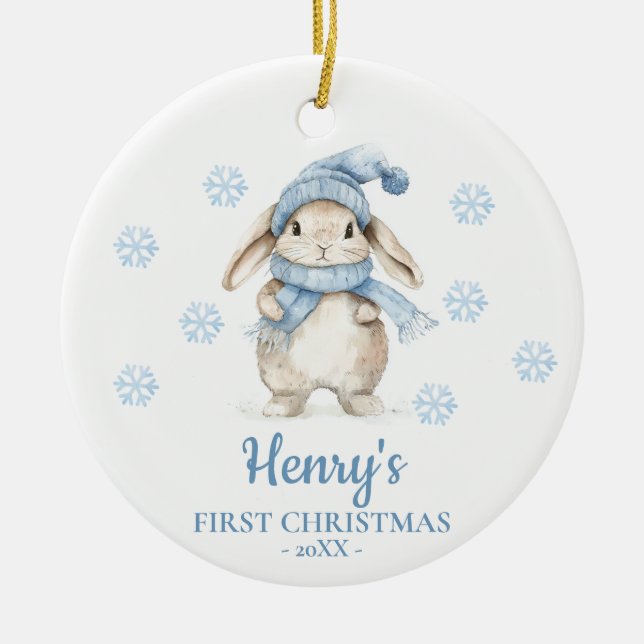 Adorno De Cerámica Rabbit Personalized Baby's First Christmas (Frente)