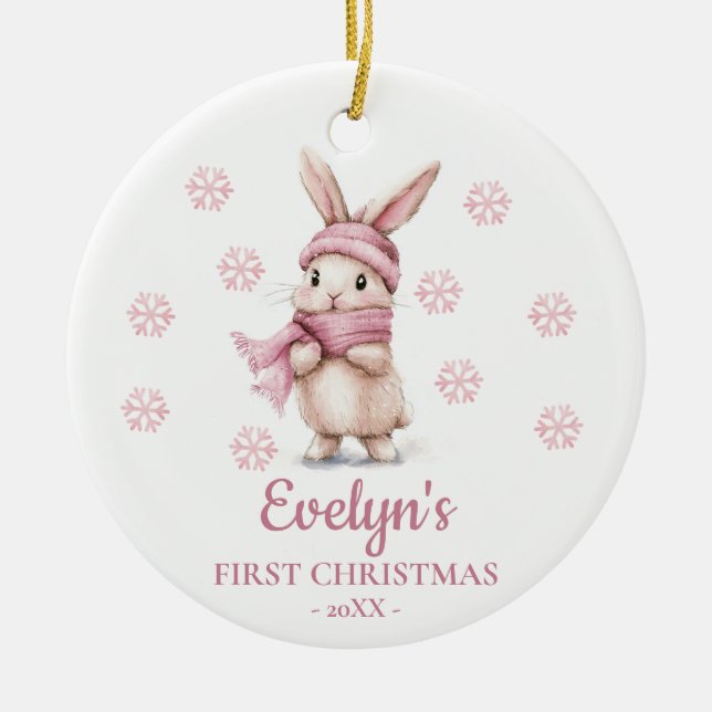Adorno De Cerámica Rabbit Personalized Girl's First Christmas (Frente)