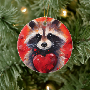 Adorno De Cerámica Raccoon con corazones