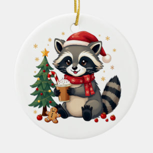 Adorno De Cerámica Raccoon Con Sombrero Santa Para Las Vacaciones De