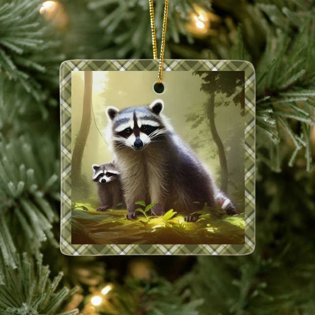Adorno De Cerámica Raccoon Family Wildlife Retrato Personalizado (Árbol)