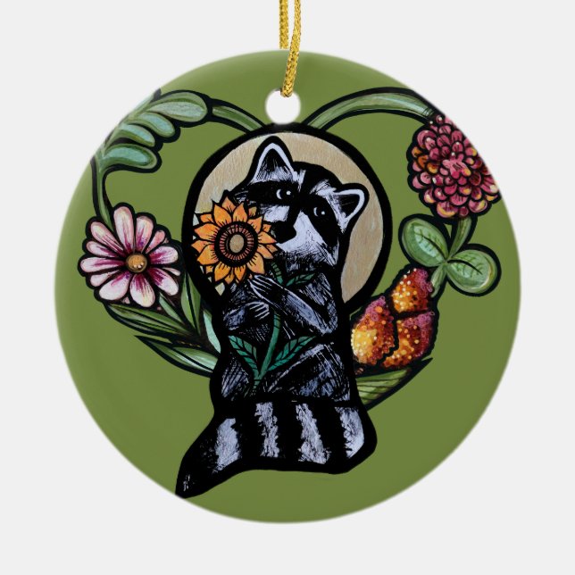 Adorno De Cerámica Raccoon Nature aprecia el arte del girasol (Frente)
