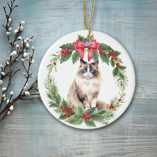 Adorno De Cerámica Ragdoll Cat Red Bow Holly Wreath Ceramic