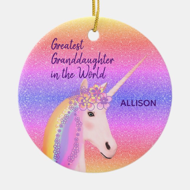 Adorno De Cerámica Rainbow Unicorn Greatest Granddaughter Custom Name (Frente)