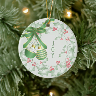 Adorno De Cerámica Ramas de Acebo Verde Claro Rosa Navidad