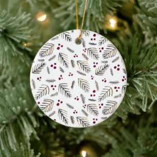 Adorno De Cerámica Ramas y bayas de árboles de Navidad - borgoña
