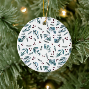 Adorno De Cerámica Ramas y bayas de árboles de Navidad - verde azulad