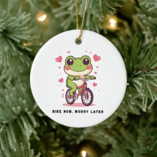 Adorno De Cerámica Rana Adorable Montando Bicicleta | Regalo Divertid