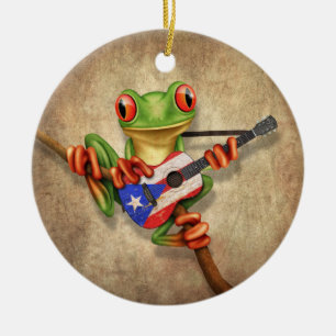Adorno De Cerámica Rana arbórea que toca la guitarra de la bandera de