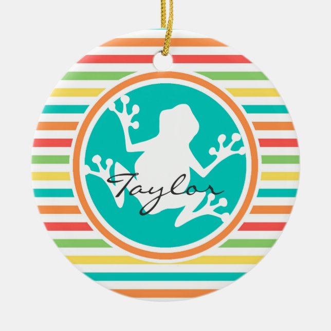 Adorno De Cerámica Rana blanca; franjas de arcoiris brillantes (Frente)