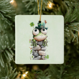 Adorno De Cerámica Rana con sombrero verde y trébol adorable