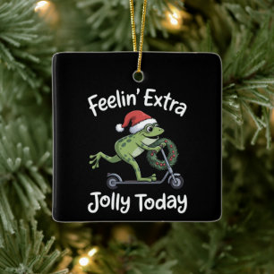 Adorno De Cerámica Rana divertida de Navidad sintiéndose extra alegre