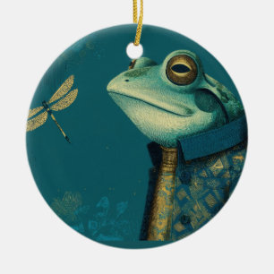 Adorno De Cerámica Rana Elegante y Libélula - Animal Surrealista Vint