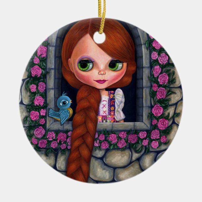 Adorno De Cerámica Rapunzel Big Eyes Chica Doll Cute Redhead Bluebird (Frente)