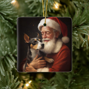 Adorno De Cerámica Rat Terrier con Santa Claus Navideño Festivo