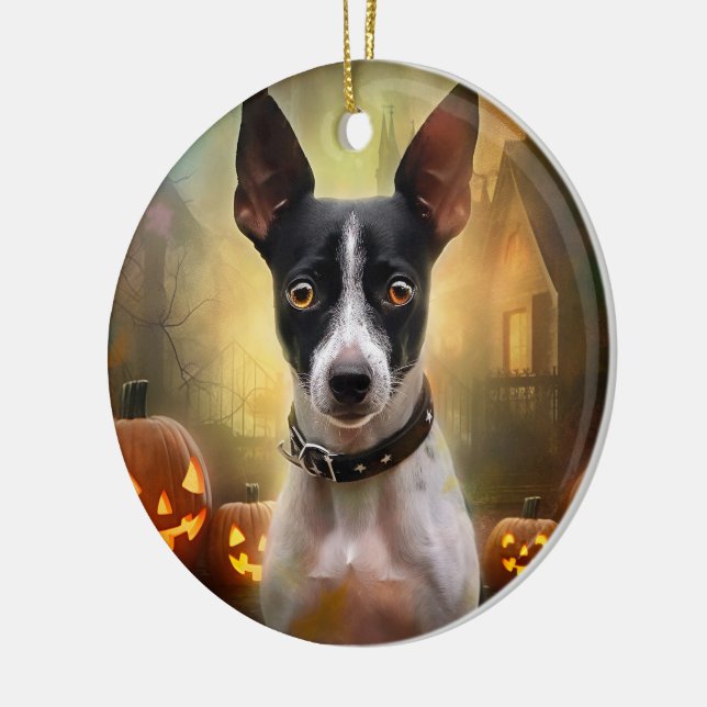 Adorno De Cerámica Rat Terrier de Halloween con calabazas asustadas (Izquierda)