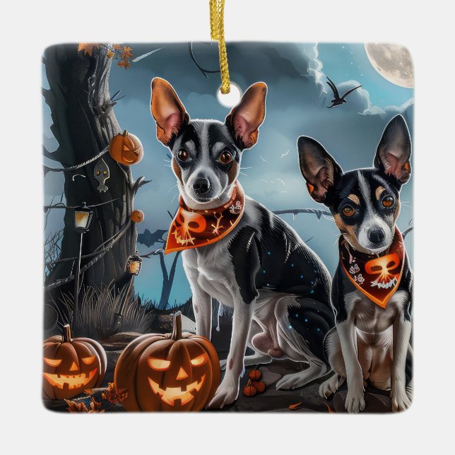 Adorno De Cerámica Rat Terrier Halloween Spooky (Anverso)