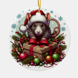 Adorno De Cerámica Rata con sombrero santa La Navidad presenta arte
