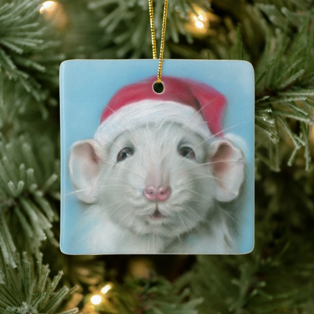 Adorno De Cerámica Rata de Navidades blancos con arte de Santa Hat Pa (Árbol)