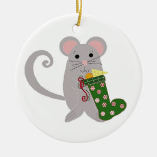Adorno De Cerámica Ratón de Navidad con Media Verde