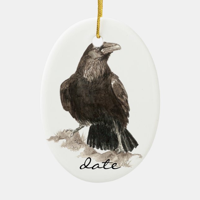 Adorno De Cerámica Raven de personalizado, animal acuarela de pájaro (Frente)