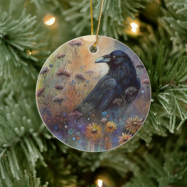 Adorno De Cerámica Raven pintado a mano con flores silvestres (Árbol)