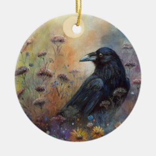 Adorno De Cerámica Raven pintado a mano con flores silvestres