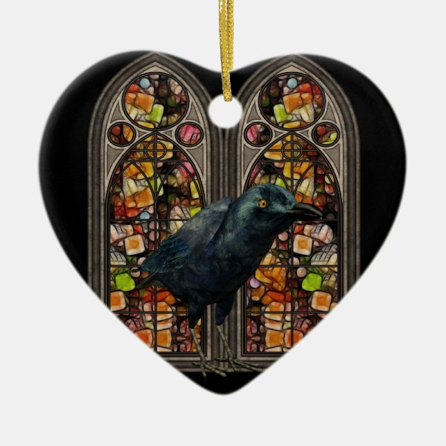 Adorno De Cerámica Raven Stained Glass Personalizado Samhain Heart Or (Frente)