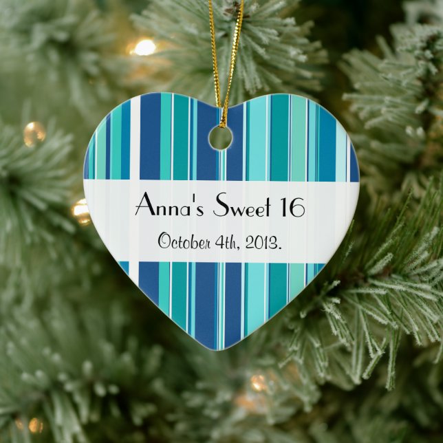 Adorno De Cerámica Rayas azules, líneas, patrón rayado, dulce 16 (Árbol)