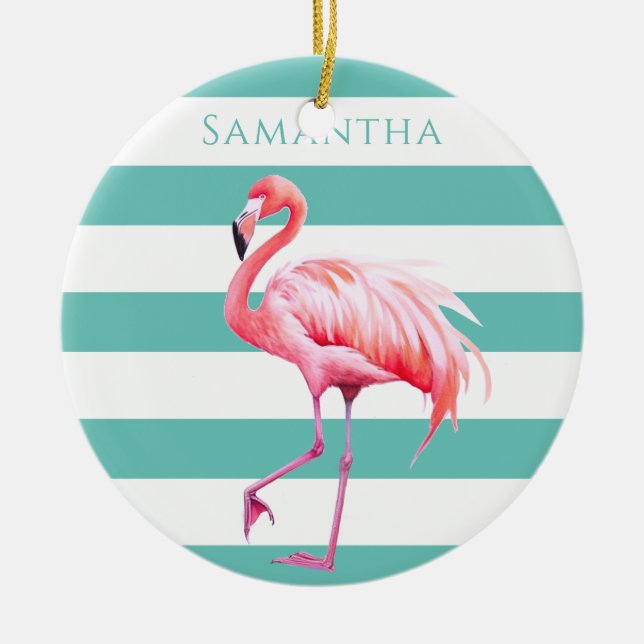 Adorno De Cerámica Rayas blancas turquesas Navidades Flamingo rosa (Frente)