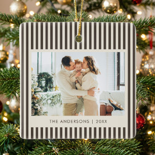 Adorno De Cerámica Rayas Marrones Modernas Navidad Foto Personalizada