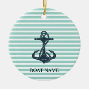 Adorno De Cerámica Rayas Náuticas, Anchor, Verde Mint