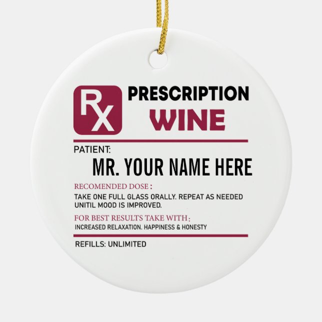 Adorno De Cerámica Receta de vino divertida, nombre personalizado vin (Frente)