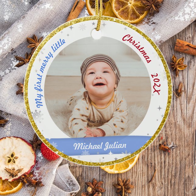 Adorno De Cerámica Recién nacido 2 Fotos Mis Primeros Navidades (Modern Elegant Cute My First Merry Little Christmas Baby Boy 2 Photos Snowflakes Stars Golden Frame)