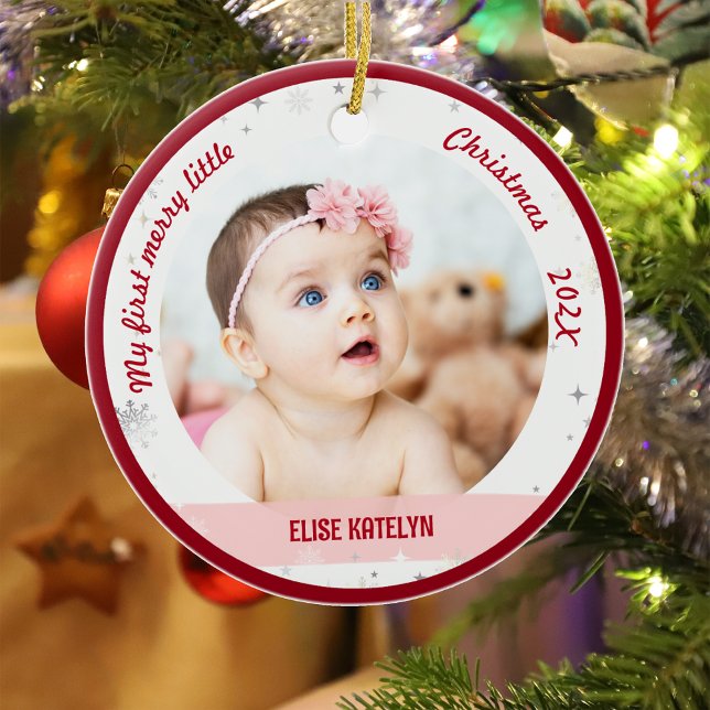 Adorno De Cerámica Recién nacido 2 Fotos Mis Primeros Navidades (Modern Elegant Cute My First Merry Little Christmas Baby Girl 2 Photos Snowflakes Minimalist Red)