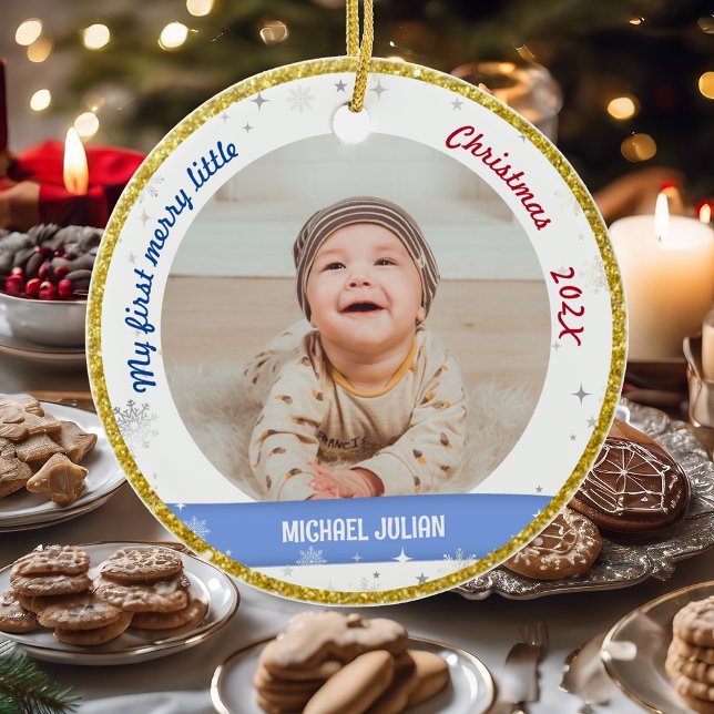 Adorno De Cerámica Recién nacido 2 Fotos Mis Primeros Navidades (Elegant Modern Cute My first merry little Christmas Baby Boy 2 Photos Snowflakes Stars Golden Frame)
