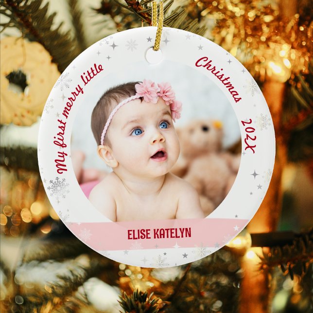 Adorno De Cerámica Recién nacido 2 Fotos Mis Primeros Navidades (Modern Elegant Cute My First Merry Little Christmas Baby Personalized Name 2 Photos Snowflakes Stars)